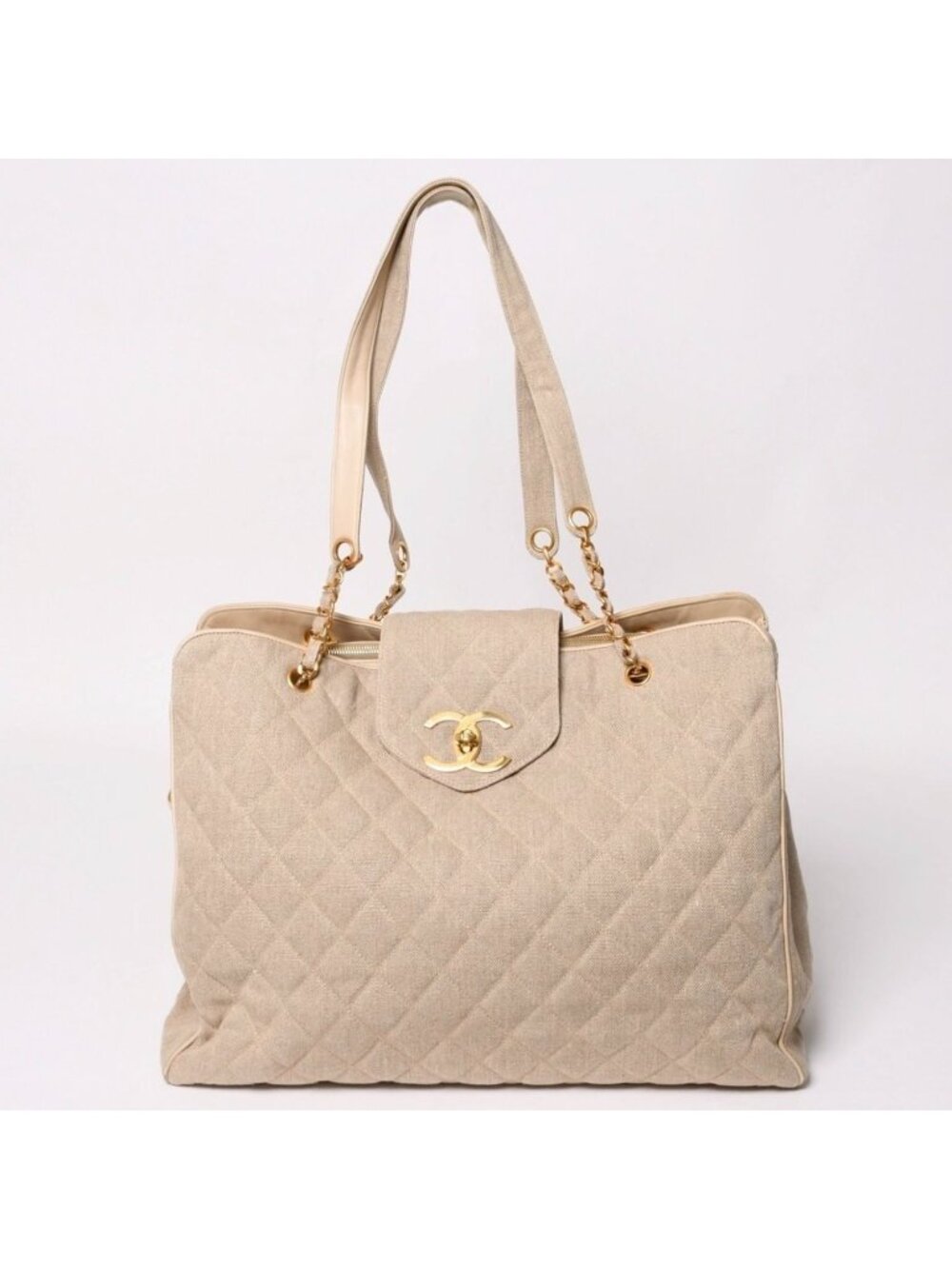 Chanel Supermodel XL Chain Tote Bag Linen CC Logo Coco Ball Beige